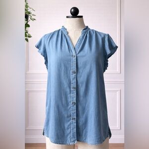 Workshop Republic Clothing Light Blue Ruffle-Trim Button Down Top